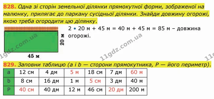 828. Одна зі сторін земельної ділянки прямокутної форми, зображеної на малюнку, прилягає до паркану сусідньої ділянки. Знайди довжину — ГДЗ Математика 5 клас Істер 2022