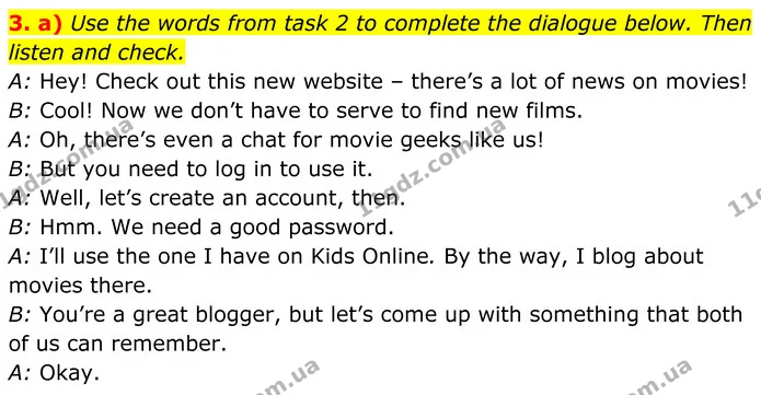 3. a) Use the words from task 2 to complete the dialogue below. Then listen and check. — ГДЗ Англійська мова 8 клас Карпюк 2025