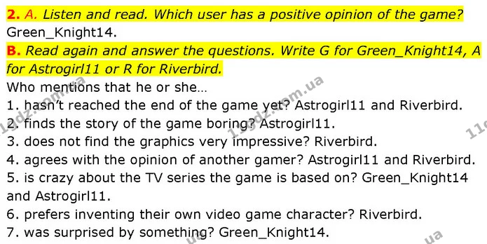 2. A. Listen and read. Which user has a positive opinion of the game? Green_Knight14. — ГДЗ Англійська мова 7 клас Мітчелл
