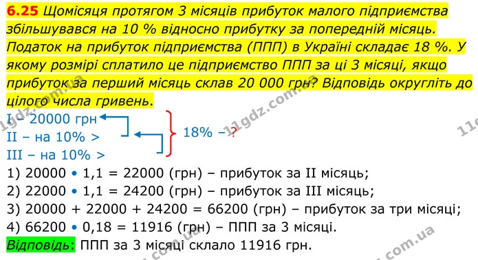 6.25 Щомісяця протягом 3 місяців прибуток малого підприємства збільшувався на 10 % відносно прибутку за попередній місяць. Податок на — ГДЗ Алгебра 8 клас Істер