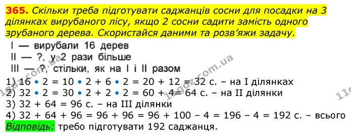 365. Скільки треба підготувати саджанців сосни для посадки на 3 ділянках вирубаного лісу, якщо 2 сосни садити замість одного зрубаного — ГДЗ Математика 3 клас Лишенко (1, 2 частина)