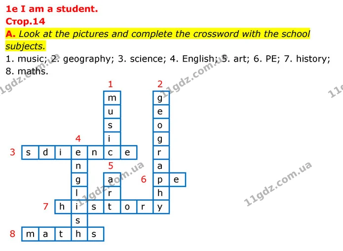 A. Look at the pictures and complete the crossword with the school subjects. — ГДЗ зошит Англійська мова 5 клас Мітчелл