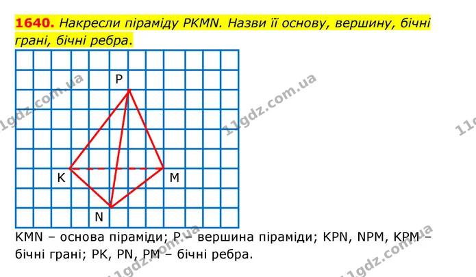 1640. Накресли піраміду PKMN. Назви її основу, вершину, бічні грані, бічні ребра. — ГДЗ Математика 5 клас Бевз