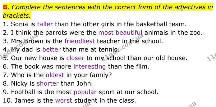 B. Complete the sentences with the correct form of the adjectives in brackets. — ГДЗ Збірник тестів Англійська мова 5 клас Мітчелл (Test Booklet)