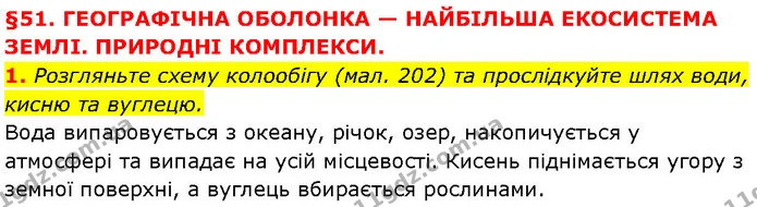1. Розгляньте схему колообігу (мал. 202) та прослідкуйте шлях води, кисню та вуглецю. — ГДЗ Географія 6 клас Запотоцький
