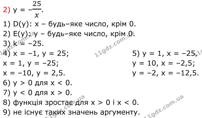 452. Дано функцію: Знайдіть: 1) область визначення функції; 2) область значень функції; 3) коефіцієнт k; 4) значення у, якщо х = –1; 1 — ГДЗ Алгебра 8 клас Тарасенкова
