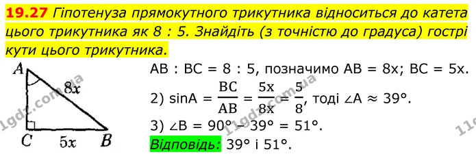 19.27 Гіпотенуза прямокутного трикутника відноситься до катета цього трикутника як 8 : 5. Знайдіть (з точністю до градуса) гострі кути — ГДЗ Геометрія 8 клас Істер