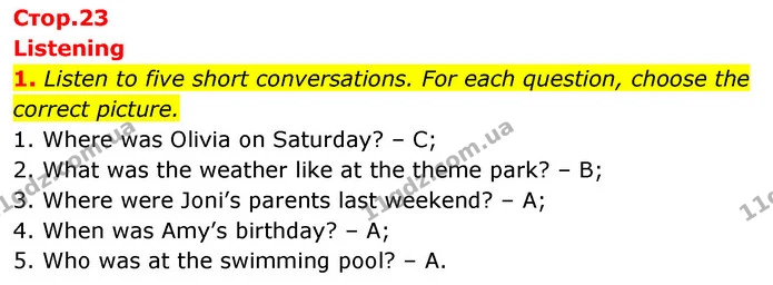 1. Listen to five short conversations. For each question, choose the correct picture. — ГДЗ робочий зошит Англійська мова 6 клас Prepare