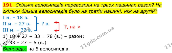 191. Скільки велосипедів перевозили на трьох машинах разом? На скільки більше велосипедів було на третій машині, ніж на другій? — ГДЗ Математика 3 клас Бевз 2 частина