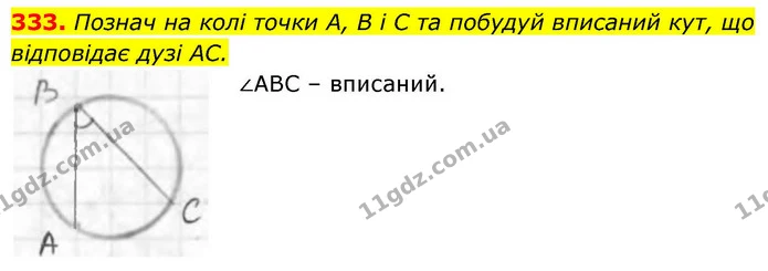 333. Познач на колі точки А, В і C та побудуй вписаний кут, що відповідає дузі AC. — ГДЗ Геометрія 8 клас Бевз