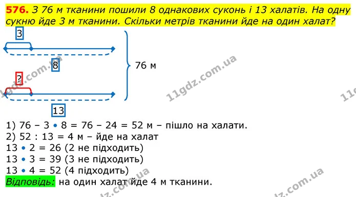 576. З 76 м тканини пошили 8 однакових суконь і 13 халатів. На одну сукню йде 3 м тканини. Скільки метрів тканини йде на один халат? — ГДЗ Математика 3 клас Лишенко (1, 2 частина)