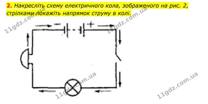 2. Накресліть схему електричного кола, зображеного на рис. 2, стрілками покажіть напрямок струму в колі. — ГДЗ Фізика 8 клас Бар'яхтар