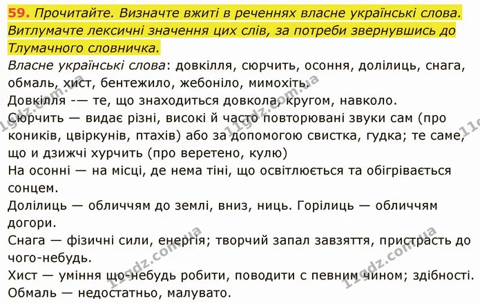 59. Прочитайте. Визначте вжиті в реченнях власне українські слова. — ГДЗ Українська мова 6 клас Глазова