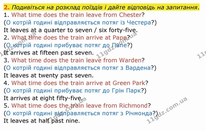 2. Подивіться на розклад поїздів і дайте відповідь на запитання. — ГДЗ Зошит Англійська мова 4 клас Мітчелл