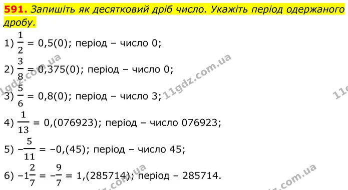591. Запишіть як десятковий дріб число. Укажіть період одержаного дробу. — ГДЗ Алгебра 8 клас Тарасенкова