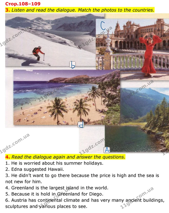 3. Listen and read the dialogue. Match the photos to the countries. — ГДЗ Робочий зошит Англійська мова 6 клас Карпюк