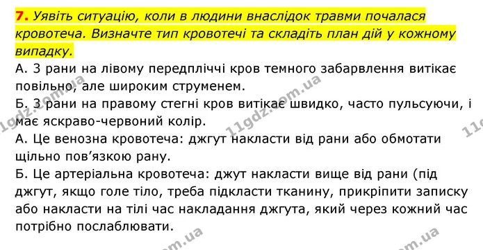 7. Уявіть ситуацію, коли в людини внаслідок травми почалася кровотеча. Визначте тип кровотечі та складіть план дій у кожному випадку. — ГДЗ Робочий зошит Біологія 8 клас Задорожний