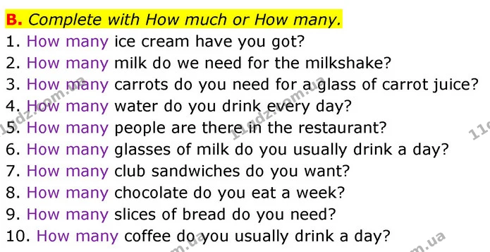 B. Complete with How much or How many. — ГДЗ Збірник тестів Англійська мова 5 клас Мітчелл (Test Booklet)