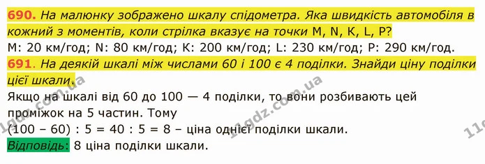 690. На малюнку зображено шкалу спідометра. Яка швидкість автомобіля в кожний з моментів, коли стрілка вказує на точки М, N, К, L, Р? — ГДЗ Математика 5 клас Істер 2022