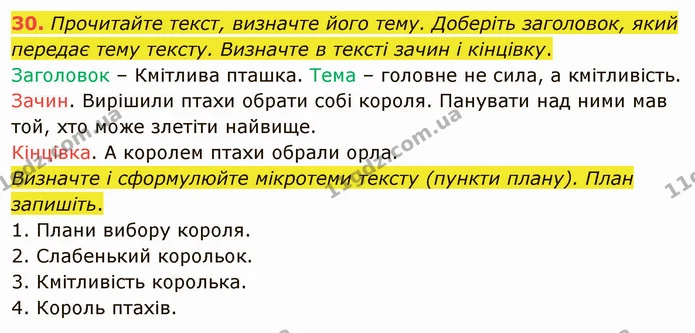 30. Прочитайте текст, визначте його тему. Доберіть заголовок, який передає тему тексту. Визначте в тексті зачин і кінцівку. — ГДЗ Українська мова 5 клас Глазова 2022
