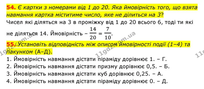 54. Є картки з номерами від 1 до 20. Яка ймовірність того, що взята навмання картка міститиме число, яке не ділиться на 3? — ГДЗ Математика 6 клас Бевз 1-2 ч.