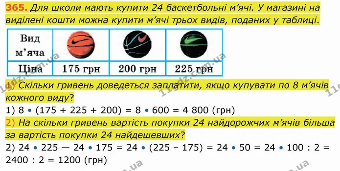 365. Для школи мають купити 24 баскетбольні м’ячі. У магазині на виділені кошти можна купити м’ячі трьох видів, поданих у таблиці. — ГДЗ Математика 5 клас Кравчук