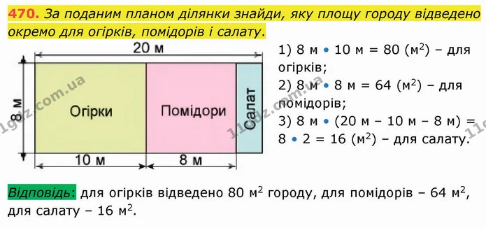 470. За поданим планом ділянки знайди, яку площу городу відведено окремо для огірків, помідорів і салату. — ГДЗ Математика 4 клас Лишенко 1-2 ч.