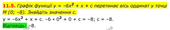11.5. Графік функції y = –6x2 + x + c перетинає вісь ординат у точці M (0; –8). Знайдіть значення c. — ГДЗ Алгебра 9 клас Мерзляк 2026