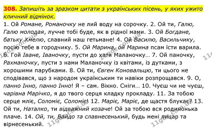 308. Запишіть за зразком цитати з українських пісень, у яких ужито кличний відмінок. — ГДЗ Відповіді Українська мова 6 клас Єрмоленко