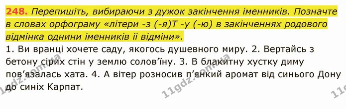 248. Перепишіть, вибираючи з дужок закінчення іменників. Позначте в словах орфограму «літери -з (-я)Т -у (-ю) в закінченнях родового — ГДЗ Українська мова 6 клас Глазова
