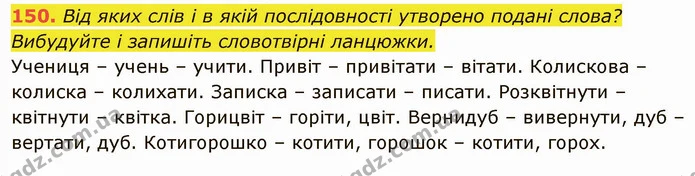150. Від яких слів і в якій послідовності утворено подані слова? Вибудуйте і запишіть словотвірні ланцюжки. — ГДЗ Українська мова 6 клас Глазова