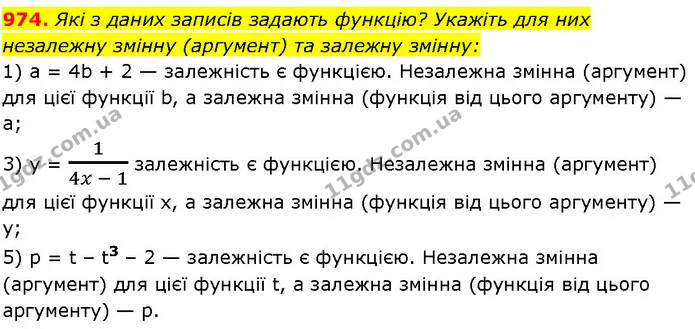 974. Які з даних записів задають функцію? Укажіть для них незалежну змінну (аргумент) та залежну змінну: — ГДЗ Алгебра 7 клас Істер 2024