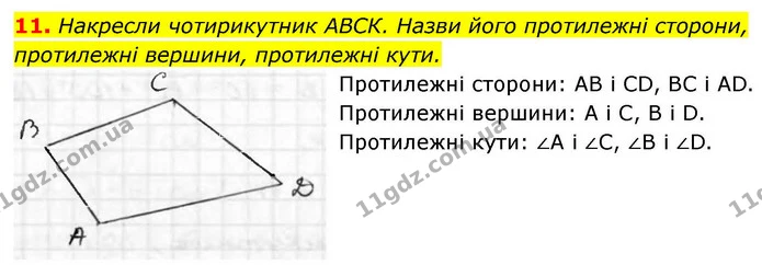 11. Накресли чотирикутник АВСК. Назви його протилежні сторони, протилежні вершини, протилежні кути. — ГДЗ Геометрія 8 клас Бевз