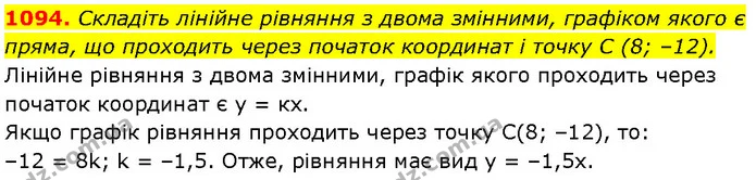 1094. Складіть лінійне рівняння з двома змінними, графіком якого є пряма, що проходить через початок координат і точку C (8; –12). — Алгебра 7 клас Мерзляк 2024