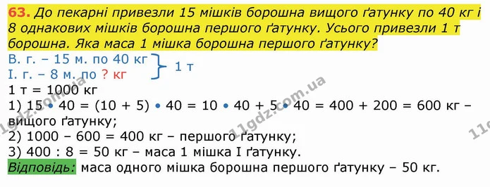63. До пекарні привезли 15 мішків борошна вищого ґатунку по 40 кг і 8 однакових мішків борошна першого ґатунку. Усього привезли 1 т — ГДЗ Математика 4 клас Лишенко 1-2 ч.