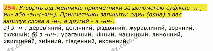 254. Утворіть від іменників прикметники за допомогою суфіксів -н-, -ин- або -ан-(-ян-). Прикметники запишіть: один (одна) з вас — ГДЗ Українська мова 6 клас Заболотний 2019