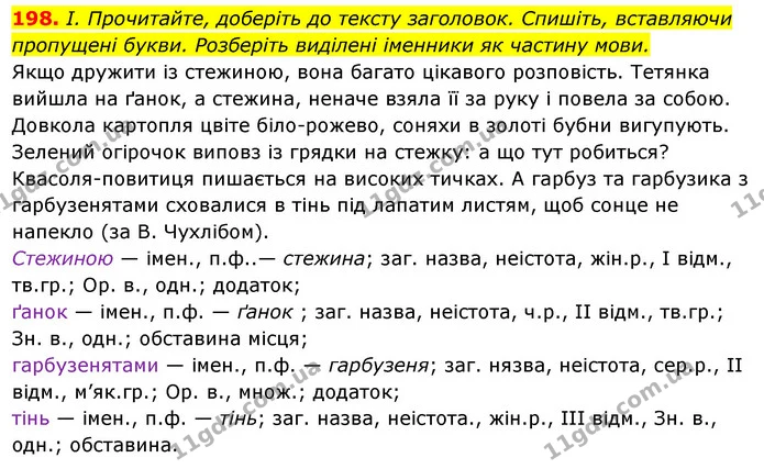 198. І. Прочитайте, доберіть до тексту заголовок. Спишіть, вставляючи пропущені букви. Розберіть виділені іменники як частину мови. — ГДЗ Українська мова 6 клас Ворон, Солопенко