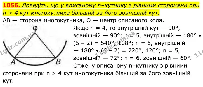 1056. Доведіть, що у вписаному n–кутнику з рівними сторонами при — ГДЗ Геометрія 8 клас Бурда