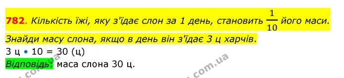782. Кількість їжі, яку з'їдає слон за 1 день, становить 110 його маси. Знайди масу слона, якщо в день він з'їдає 3 ц харчів. — ГДЗ Математика 3 клас Бевз 2 частина