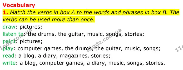1. Match the verbs in box A to the words and phrases in box B. The verbs can be used more than once. — ГДЗ Англійська мова 6 клас Коста (Prepare 6)