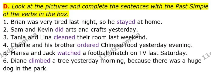D. Look at the pictures and complete the sentences with the Past Simple of the verbs in the box. — ГДЗ зошит Англійська мова 5 клас Мітчелл