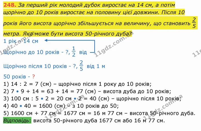 248. За перший рік молодий дубок виростає на 14 см, а потім щорічно до 10 років виростає на половину цієї довжини. Після 10 років його — ГДЗ Математика 4 клас Лишенко 1-2 ч.