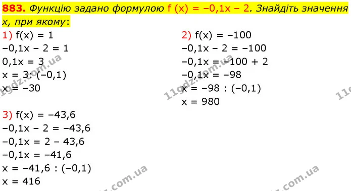 883. Функцію задано формулою f (x) = –0,1x – 2. Знайдіть значення x, при якому: — Алгебра 7 клас Мерзляк 2024