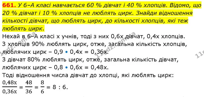 661. У 6–А класі навчається 60 % дівчат і 40 % хлопців. Відомо, що 20 % дівчат і 10 % хлопців не люблять цирк. Знайди відношення — ГДЗ Математика 6 клас Бевз 1-2 ч.