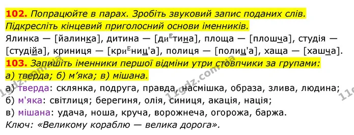 102. Попрацюйте в парах. Зробіть звуковий запис поданих слів. Підкресліть кінцевий приголосний основи іменників. — ГДЗ Українська мова 6 клас Ворон, Солопенко