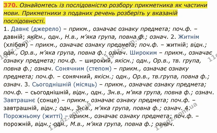 370. Ознайомтесь із послідовністю розбору прикметника як частини мови. Прикметники з поданих речень розберіть у вказаній послідовності. — ГДЗ Українська мова 6 клас Глазова