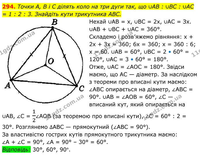 294. Точки А, В і C ділять коло на три дуги так, що ∪AB : ∪BC : ∪AC = 1 : 2 : 3. Знайдіть кути трикутника ABC. — ГДЗ Геометрія 8 клас Мерзляк