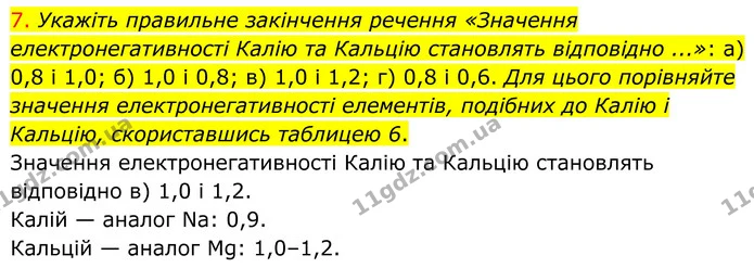 7. Укажіть правильне закінчення речення «Значення електронегативності Калію та Кальцію становлять відповідно ...»: а) 0,8 і 1,0; б) 1,0 — ГДЗ Хімія 8 клас Попель