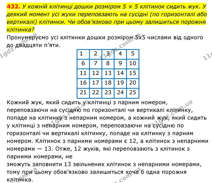432. У кожній клітинці дошки розміром 5 × 5 клітинок сидить жук. У деякий момент усі жуки переповзають на сусідні (по горизонталі або — ГДЗ Алгебра 7 клас Мерзляк, Полонський 2015