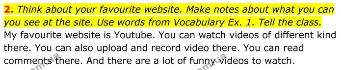 2. Think about your favourite website. Make notes about what you can you see at the site. Use words from Vocabulary Ex. 1. Tell the — ГДЗ Англійська мова 7 клас Коста